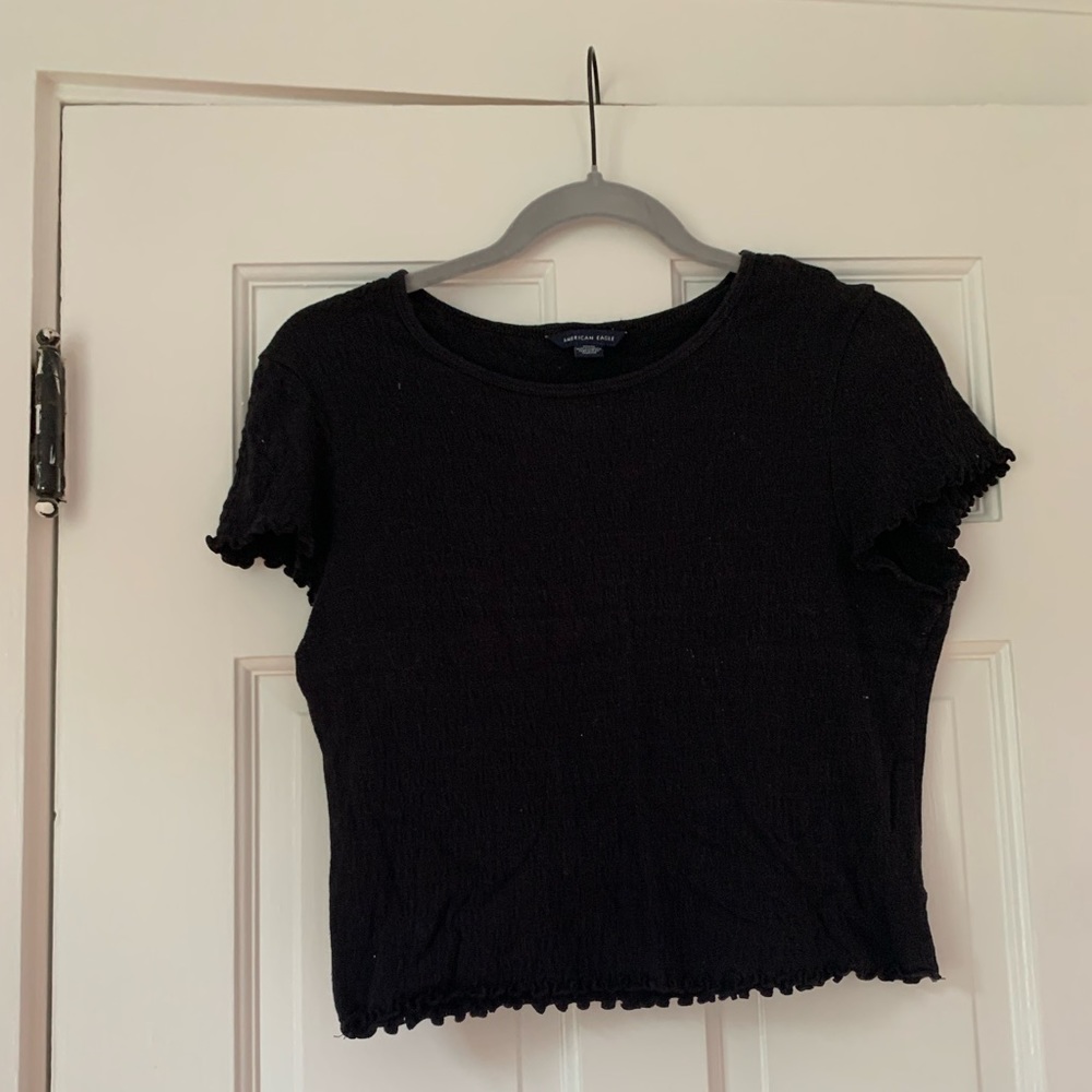 Black Tee with Ruffled Edges, American Eagle, Size Medium